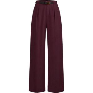 imageMakeMeChic Womens Work Pants Straight Leg Zip Fly Belted Business Casual Trousers Teacher PantsBurgundy