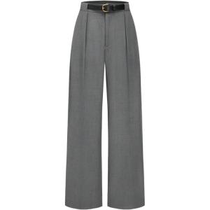 imageMakeMeChic Womens Work Pants Straight Leg Zip Fly Belted Business Casual Trousers Teacher PantsGrey