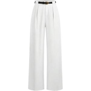 imageMakeMeChic Womens Work Pants Straight Leg Zip Fly Belted Business Casual Trousers Teacher PantsWhite