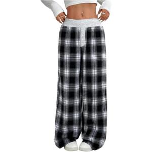 imageMakeMeChic Womens Y2K Striped Pants Low Rise Elastic Waist Loose Wide Leg Lounge PantBlack and White