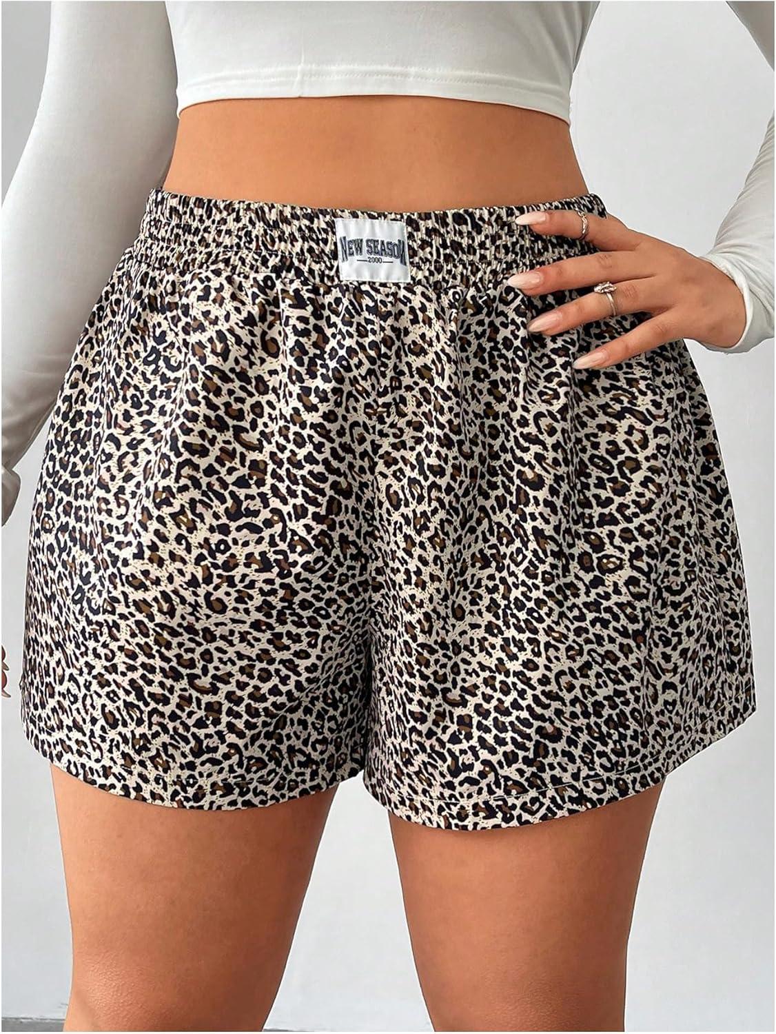 imageMakeMeChic Womens Plus Size Leopard Print Shorts Elastic Waist Wide Leg Loose Y2K Boxer ShortsMulticolor