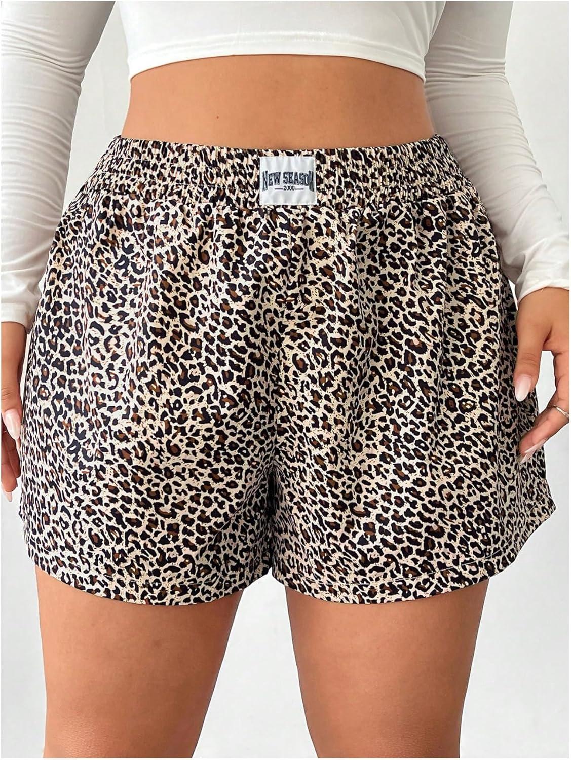 imageMakeMeChic Womens Plus Size Leopard Print Shorts Elastic Waist Wide Leg Loose Y2K Boxer ShortsMulticolor