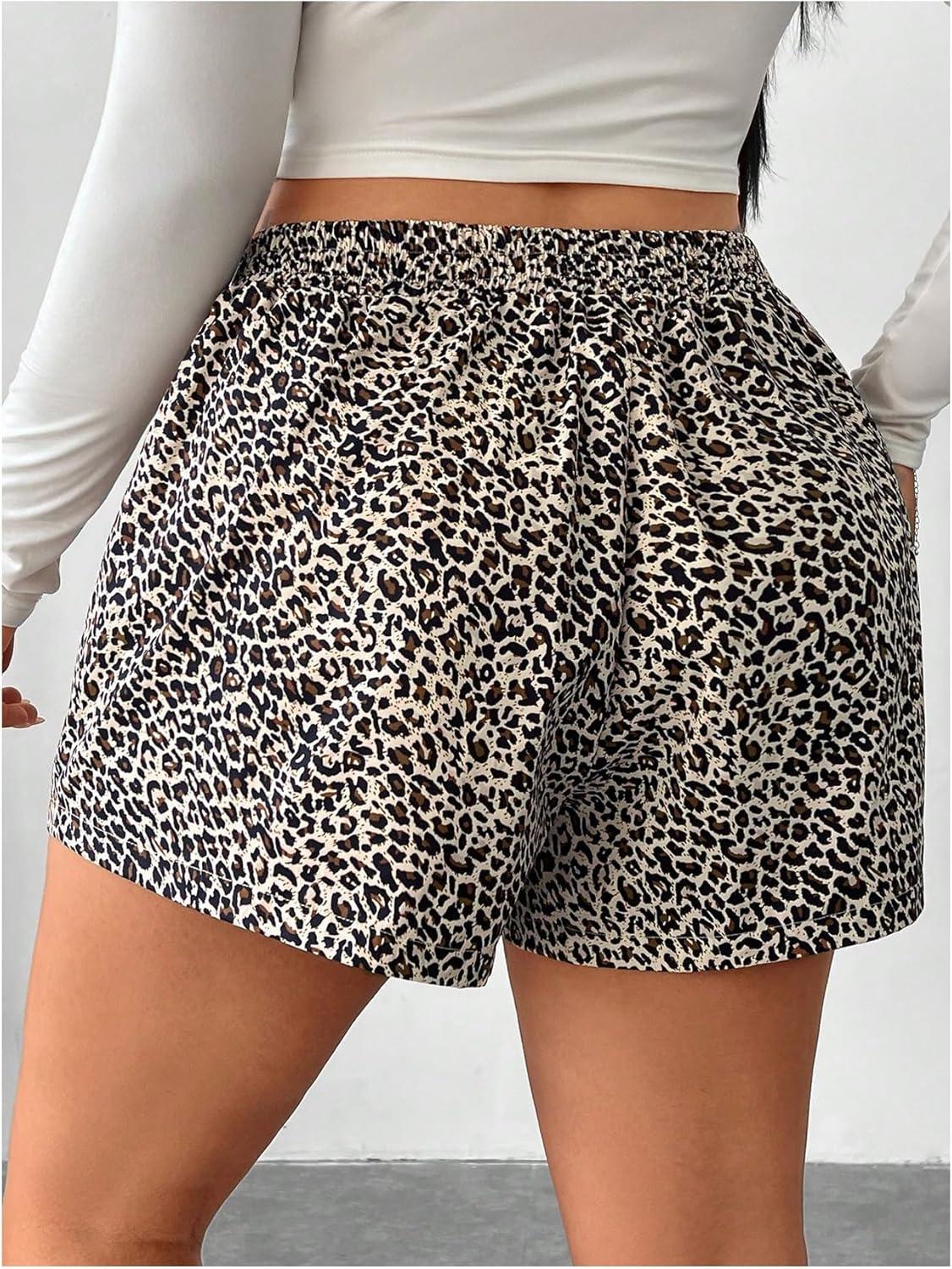imageMakeMeChic Womens Plus Size Leopard Print Shorts Elastic Waist Wide Leg Loose Y2K Boxer ShortsMulticolor