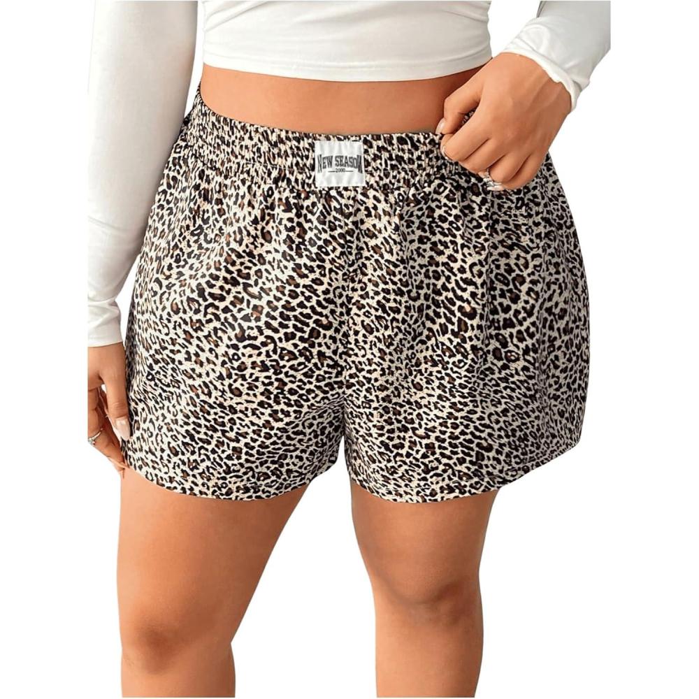 imageMakeMeChic Womens Plus Size Leopard Print Shorts Elastic Waist Wide Leg Loose Y2K Boxer ShortsMulticolor