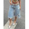 imageMakeMeChic Womens Fall Y2K Denim Bermuda Shorts Ripped Wide Leg Cropped Jeans Capris PantsLight Wash