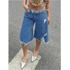 imageMakeMeChic Womens Fall Y2K Denim Bermuda Shorts Ripped Wide Leg Cropped Jeans Capris PantsMedium Wash