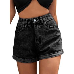 imageMakeMeChic Womens Casual Roll Up Hem Jean Shorts Straight Leg High Waist Zipper Denim ShortsBlack