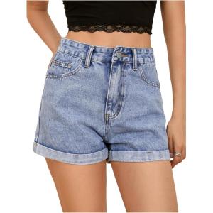 imageMakeMeChic Womens Casual Roll Up Hem Jean Shorts Straight Leg High Waist Zipper Denim ShortsBlue