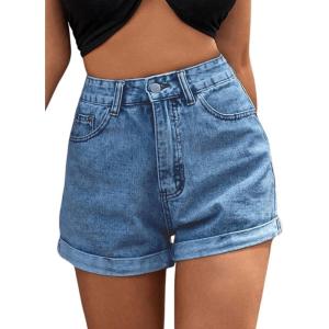imageMakeMeChic Womens Casual Roll Up Hem Jean Shorts Straight Leg High Waist Zipper Denim ShortsDark Blue