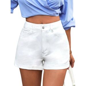 imageMakeMeChic Womens Casual Roll Up Hem Jean Shorts Straight Leg High Waist Zipper Denim ShortsWhite