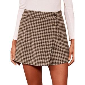 imageMakeMeChic Womens Elegant Houndstooth Print High Waisted Wrap Button Front Mini Skirt Skort ShortsKhaki