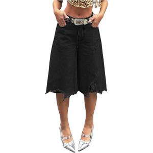imageMakeMeChic Womens Fall Y2K Denim Bermuda Shorts Ripped Wide Leg Cropped Jeans Capris PantsBlack