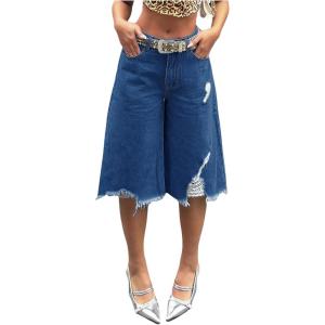 imageMakeMeChic Womens Fall Y2K Denim Bermuda Shorts Ripped Wide Leg Cropped Jeans Capris PantsDark Wash