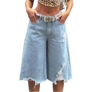 imageMakeMeChic Womens Fall Y2K Denim Bermuda Shorts Ripped Wide Leg Cropped Jeans Capris PantsLight Wash