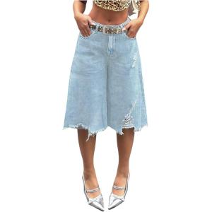imageMakeMeChic Womens Fall Y2K Denim Bermuda Shorts Ripped Wide Leg Cropped Jeans Capris PantsLight Wash a