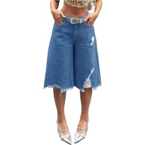imageMakeMeChic Womens Fall Y2K Denim Bermuda Shorts Ripped Wide Leg Cropped Jeans Capris PantsMedium Wash