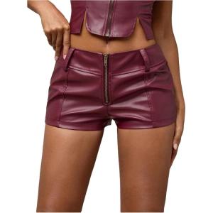 imageMakeMeChic Womens Leather Shorts Fall Going Out Mini Shorts Vintage Low Waisted Y2k Hot Pants Concert Club OutfitsBurgundy