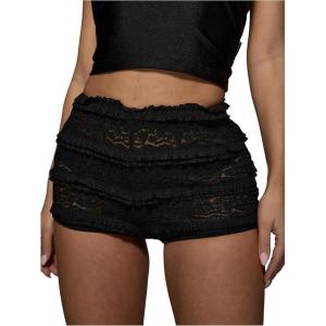 imageMakeMeChic Womens Ruffle Shorts Crochet Tiered Layered Summer Beach Micro ShortsBlack