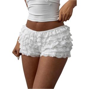 imageMakeMeChic Womens Ruffle Shorts Crochet Tiered Layered Summer Beach Micro ShortsMesh White Solid