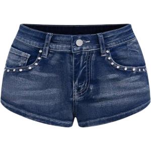 imageMakeMeChic Womens Y2K Denim Shorts Rhinestone Sparkly Embroidery Gothic Punk Jean ShortsDark Wash