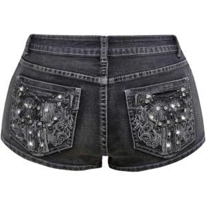 imageMakeMeChic Womens Y2K Denim Shorts Rhinestone Sparkly Embroidery Gothic Punk Jean ShortsGrey