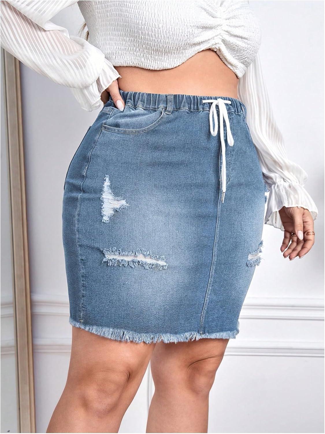 imageMakeMeChic Womens Plus Size Denim Skirt High Waisted Elastic Drawstring Waist Raw Hem Ripped Vintage Short Jean SkirtLight Wash