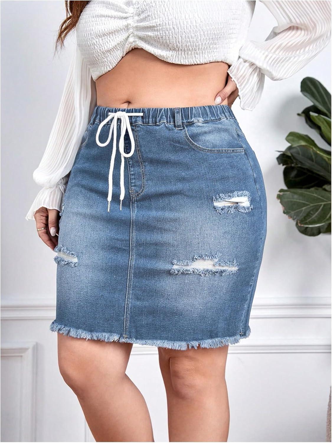 imageMakeMeChic Womens Plus Size Denim Skirt High Waisted Elastic Drawstring Waist Raw Hem Ripped Vintage Short Jean SkirtLight Wash