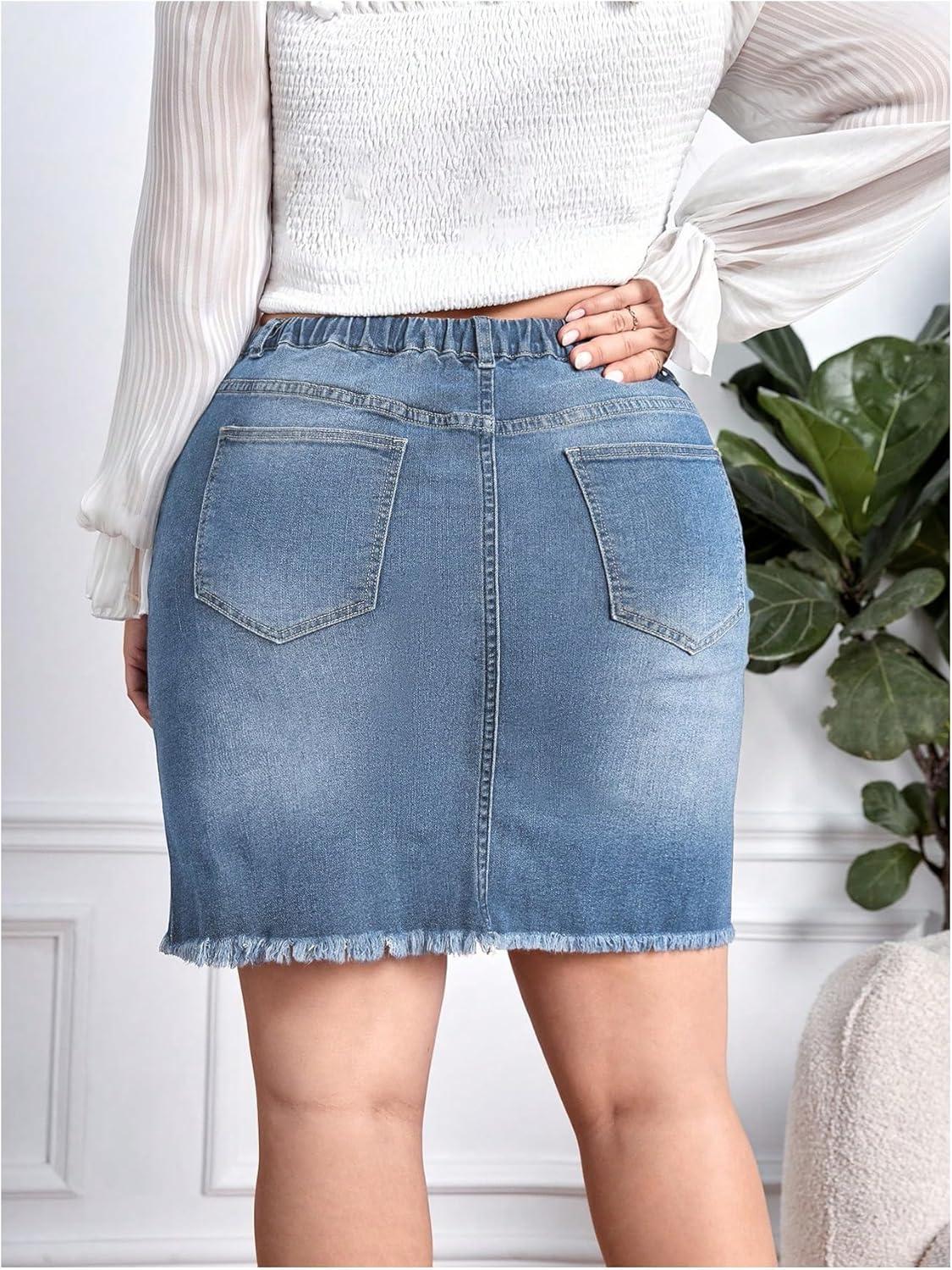 imageMakeMeChic Womens Plus Size Denim Skirt High Waisted Elastic Drawstring Waist Raw Hem Ripped Vintage Short Jean SkirtLight Wash