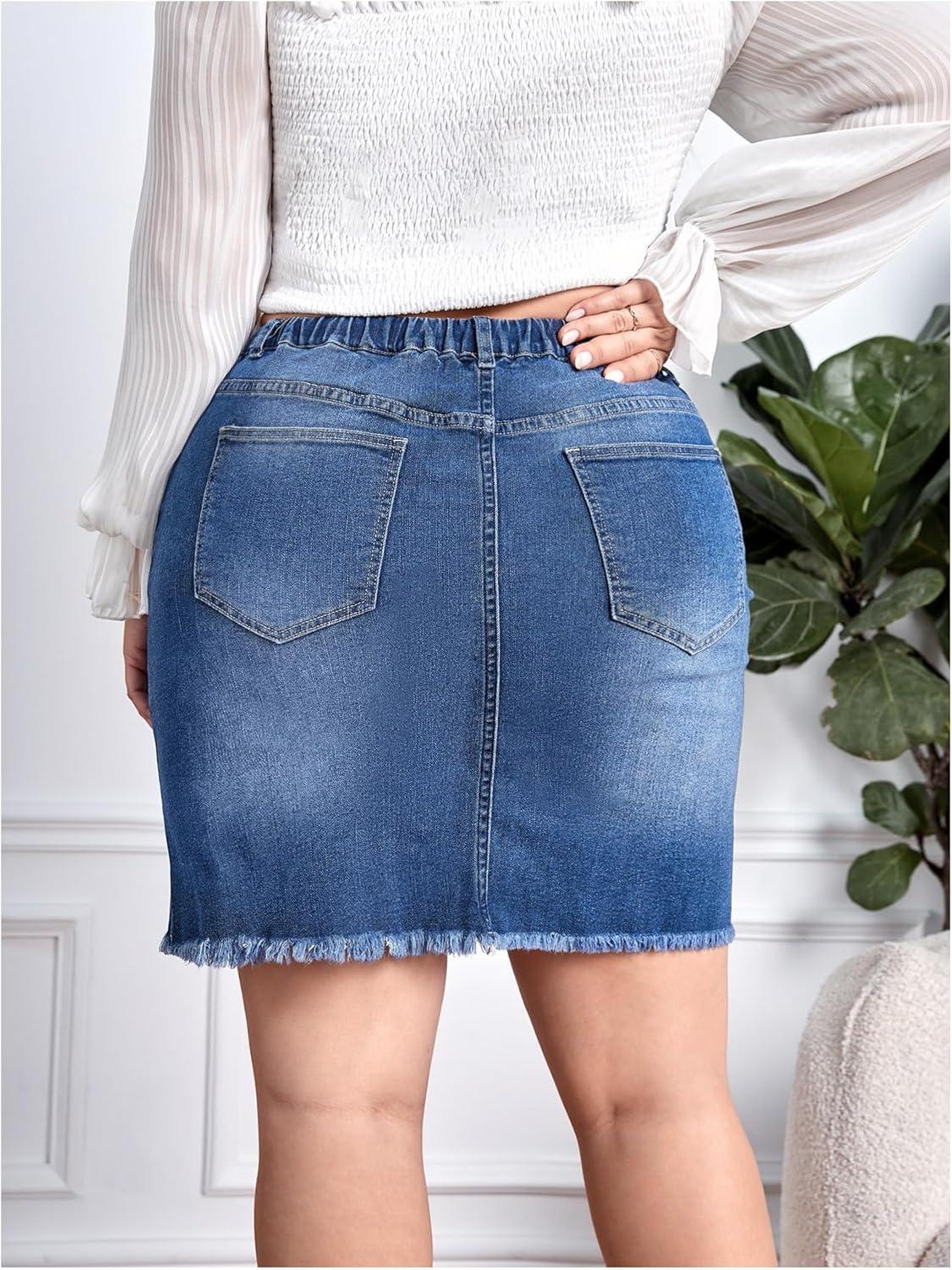 imageMakeMeChic Womens Plus Size Denim Skirt High Waisted Elastic Drawstring Waist Raw Hem Ripped Vintage Short Jean SkirtMedium Wash