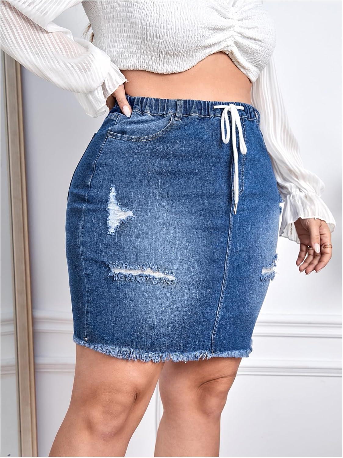 imageMakeMeChic Womens Plus Size Denim Skirt High Waisted Elastic Drawstring Waist Raw Hem Ripped Vintage Short Jean SkirtMedium Wash
