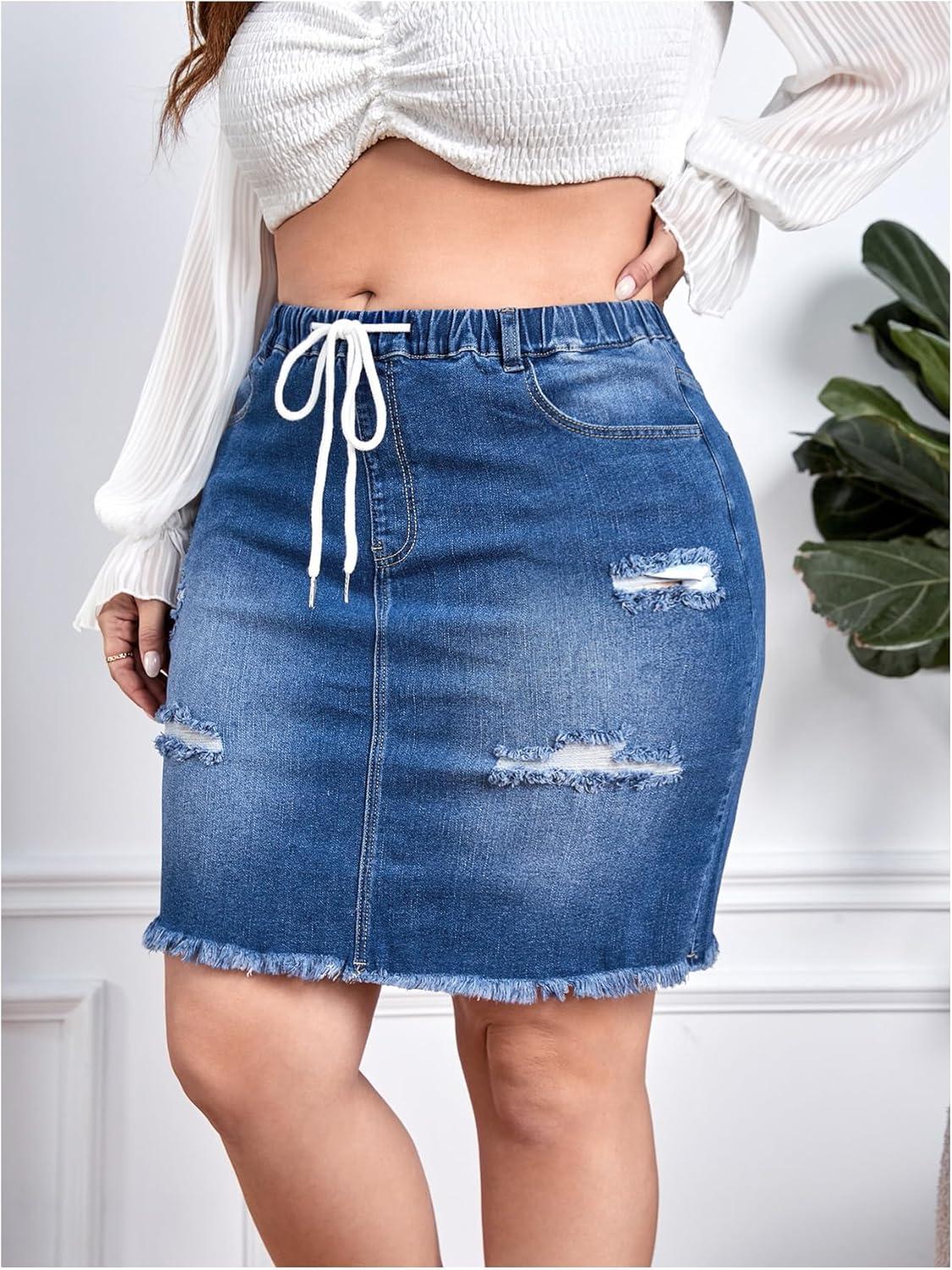 imageMakeMeChic Womens Plus Size Denim Skirt High Waisted Elastic Drawstring Waist Raw Hem Ripped Vintage Short Jean SkirtMedium Wash