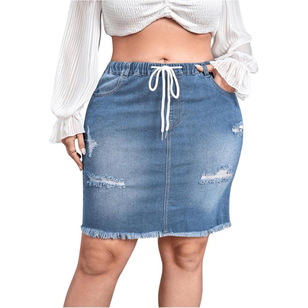 imageMakeMeChic Womens Plus Size Denim Skirt High Waisted Elastic Drawstring Waist Raw Hem Ripped Vintage Short Jean SkirtLight Wash