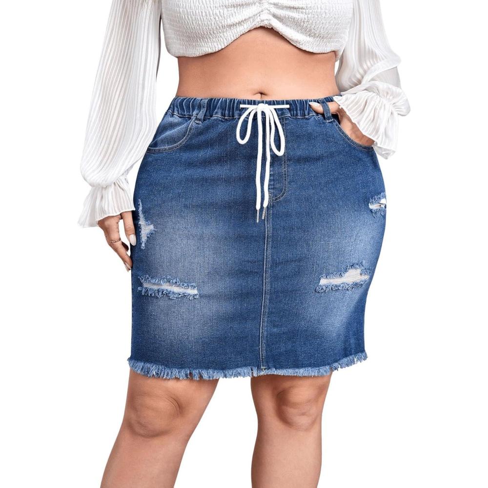 imageMakeMeChic Womens Plus Size Denim Skirt High Waisted Elastic Drawstring Waist Raw Hem Ripped Vintage Short Jean SkirtMedium Wash