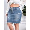 imageMakeMeChic Womens Plus Size Denim Skirt High Waisted Elastic Drawstring Waist Raw Hem Ripped Vintage Short Jean SkirtLight Wash