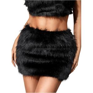 imageMakeMeChic Womens Brown Mini Skirts Fall Fuzzy Fur Bodycon Skirt Y2K Concert Outfits Cowboy ChicBlack