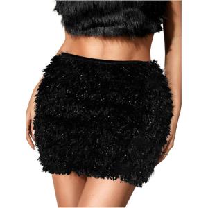 imageMakeMeChic Womens Brown Mini Skirts Fall Fuzzy Fur Bodycon Skirt Y2K Concert Outfits Cowboy ChicBlack B