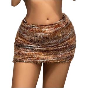 imageMakeMeChic Womens Brown Mini Skirts Fall Fuzzy Fur Bodycon Skirt Y2K Concert Outfits Cowboy ChicRust Brown