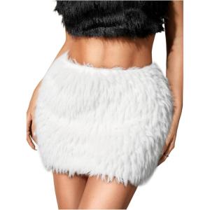 imageMakeMeChic Womens Brown Mini Skirts Fall Fuzzy Fur Bodycon Skirt Y2K Concert Outfits Cowboy ChicWhite