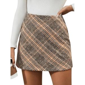 imageMakeMeChic Womens Plaid Mini Skirt High Waist Pencil Bodycon Short Fall SkirtsBeige