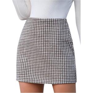 imageMakeMeChic Womens Plaid Mini Skirt High Waist Pencil Bodycon Short Fall SkirtsBrown