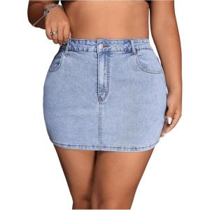 imageMakeMeChic Womens Plus Size Denim Skirt Mini High Waisted Zipper Bodycon Jean SkirtLight Blue D