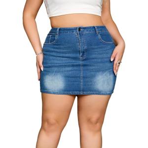 imageMakeMeChic Womens Plus Size Denim Skirt Mini High Waisted Zipper Bodycon Jean SkirtMedium Wash