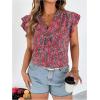 imageMakeMeChic Womens Floral Notched Blouse Puff Sleeve Ruffle Hem Summer Shirt TopsRed