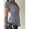 imageMakeMeChic Womens Plaid Gingham Button Down Shirt Collar Short Sleeve Vintage Blouse TopsBlue