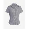 imageMakeMeChic Womens Plaid Gingham Button Down Shirt Collar Short Sleeve Vintage Blouse TopsBlue