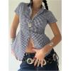 imageMakeMeChic Womens Plaid Gingham Button Down Shirt Collar Short Sleeve Vintage Blouse TopsBlue