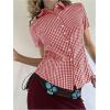 imageMakeMeChic Womens Plaid Gingham Button Down Shirt Collar Short Sleeve Vintage Blouse TopsBurgundy