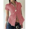 imageMakeMeChic Womens Plaid Gingham Button Down Shirt Collar Short Sleeve Vintage Blouse TopsBurgundy