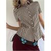 imageMakeMeChic Womens Plaid Gingham Button Down Shirt Collar Short Sleeve Vintage Blouse TopsCoffee Brown