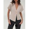 imageMakeMeChic Womens V Neck Blazer Top Single Button Short Sleeve Plain Office Suit BlazersApricot